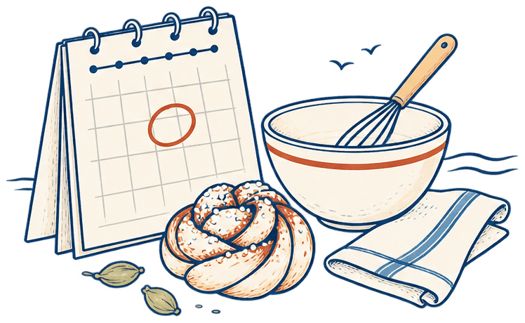 A desk calendar with one day ringed in red, beside a mixing bowl and whisk, a cardamom bun and a few cardamom pods.