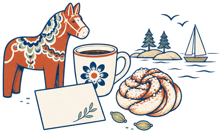 A painted Dalahäst standing beside a cup of coffee, a blank card and a cardamom bun, with pines and a sailing boat on the bay behind.